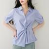 Camisa Chiffon Irregular Azul Acinturada para o Trabalho, Nova Blusa Feminina Verão 2025, Camisa Profissional de Alta Qualidade