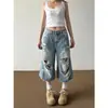 Calça jeans cropped rasgada estilo retrô americano de alta rua para homens e mulheres, moderna e versátil, novo corte solto, calça de outono de 7/8 com caimento fluido