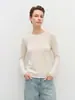 Top base casual de punto color beige con cuello redondo y manga larga para mujer, estilo nuevo de otoño 2026, para figura petite, de ajuste slim, con temperamento