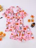 Conjunto de pijama rosa para mujer con estampado de calabaza y fantasma de Halloween transfronterizo, casual y holgado, adecuado para usar tanto en interiores como en exteriores
