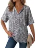 2026 Roupas Femininas Europeias e Americanas Novo Estilo de Verão da Amazon Blusa de Manga Curta com Capuz Ajustável e Botões Waffle Decote V