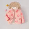 Casaco de Pelúcia Outono e Inverno para Meninas Bebê Gola Alta Zíper Estampa Floral Lã Coral Quente Top Infantil