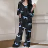 Pijama Familiar de Algodón y Seda para Mujer, Nuevo Estilo Primavera, Otoño e Invierno, Mangas Tres Cuartos, Pantalón Largo, Traje de Algodón Artificial, Se Puede Usar Afuera, Traje Estampado