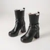Modelo de comercio exterior transfronterizo otoño/invierno 2026 botines de plataforma de tacón grueso hasta la pantorrilla, tallas grandes 34-50, botines de mujer con doble hebilla y cinturón, modernos