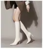 Novedad de Otoño 2025: Botas de tacón alto hasta la rodilla, botas largas con cremallera, cuero negro, punta fina, botines individuales