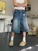 Shorts vaqueros TWORED de estilo retro americano, desgastados, color azul con relámpagos, para hombre, pantalones cropped holgados, rectos, de pierna ancha, con caída.