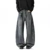 Jeans Wide Leg Vintage com Textura Lavada para Homens, Peso Pesado, Caimento Solto, Calças Curvas com Caimento Longo, Estilo Vintage Relaxado