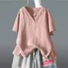 Camisetas de Manga Corta con Cuello en V, Abertura Asimétrica, Color Puro, Algodón y Lino, Tallas Grandes Sueltas para Mujeres, Exportación al por Mayor