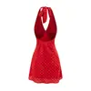 2026 Nuevo Vestido Sexy de Estilo Europeo y Americano de Nicho con Lunares, Cintura Ajustada, Adelgazante, de Tirantes Halter con Cuello en V y Espalda de Atar para Mujer