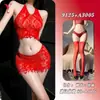 Lingerie sexy de rede Yesiyeser, conjunto de duas peças sexy de rede com franjas e gola halter, conjunto quente bodycon justo 9125