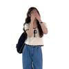 Coreia do Sul Chique Verão Idade-reduzindo elegante Colar Quadrado Cor Contraste Lace-up Bow Loose All-match Short-sleeved Knitted Top para Mulheres