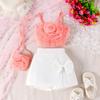 Ropa infantil Baopin, traje de verano para niñas de Amazon europeo y americano, top con tirantes y flores tridimensionales, pantalones cortos irregulares y bolso