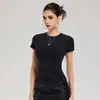 Camiseta Básica de Manga Curta Cor Sólida Estilo Americano para Mulheres, Tecido de Toque Nu de Secagem Rápida para Yoga, Modelagem Justa, Top Fitness Esportivo Emagrecedor para Corrida