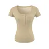 Estilo Deseo Puro Ligeramente Transparente Cuello Redondo Bolsillo con Botón Decorativo Manga Corta Camiseta Verano Nuevo Elegante Versátil Ajuste Delgado Top Base
