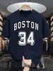 Boston 34 Estampado de Letras de Arte Camiseta Vintage para Hombre Camiseta Holgada Casual Moda Ropa de Algodón Verano Unisex