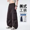 Pantalones de pierna curva con un toque de nicho, pantalones de trabajo holgados estilo paracaídas de algodón fluido para hombre, pantalones anchos de verano retro desgastados multibolsillos