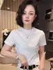 Camiseta de Color Sólido Simple con Cuello Alto Pequeño de Manga Corta para Mujer 2026 Nuevo Llegado de Verano Top Versátil Adelgazante Camisa Pequeña para el Viaje Diario