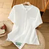Camisa de Lino de Color Sólido Verano 2025 para Mujer Camisa de Manga Corta con Cuello Vertical de Color Frito Cardigan Casual para Mujer Top de Moda para Mujer