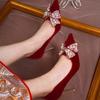 Zapatos de Boda Estilo Chino, Zapatos de Novia Rojos, Vestido Xiuhe, Moño, Vestido para Brindar, Tacones Altos, Estilo Étnico, Rojo Vino, Tacón Fino, Sin Cordones