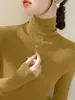 Elegante y sofisticado suéter de cuello alto verde oscuro con mangas largas, camisa base tejida para mujer A5455