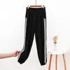 Pantalones deportivos casuales de algodón y seda estilo coreano para mujer, pantalones de chándal con dos franjas, pantalones de jalar, cintura elástica, talla grande, pantalones con cordón en el tobillo, primavera y verano