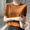 2024 Primavera/Verão Fio Fino Lã Tencel Manga Curta Feminina Solta Gola Redonda Camiseta Cor Sólida Plus-Size Top Tricotado Meia Manga