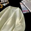 Camiseta Texturizada com Decote V de Manga Longa para Homens e Mulheres, Marca Tendência Primavera e Outono, Top Solto de Peso Pesado, Camiseta Básica Casual e Estilosa para Camada Interna