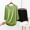 Conjunto de pijama de modal com bordas franzidas, shorts de manga curta 2 peças, gola V de manga 3/4, manga média, feminino, color-blocking, caimento solto, plus size, para uso em casa