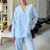 Cardigan com lapela listrada poliéster-algodão manga longa calça longa solto confortável estilo europeu roupa de casa conjunto de pijama feminino outono inverno