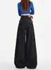 Jeans Anchos de Pierna Recta Sueltos Estilo Retro Americano Azul Oscuro para Mujer, Nuevos Pantalones de Pierna Recta Largos hasta el Suelo, Cintura Alta Adelgazantes, de Caída Suelta para Primavera y Otoño