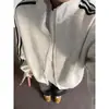 Sudadera cárdigan a rayas azul marino para hombre, atuendo ootd de pareja, marca trendy americana, chaqueta casual retro con cuello mao con cremallera