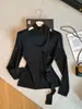 Suéter de malha feminino de manga comprida, novo estilo de início de outono, top elegante retrô justo, suéter com gola de gravata, blusa básica da moda
