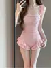 2026 Nuevo Traje de Baño de Una Pieza a Cuadros con Cuello Cuadrado para Mujer Cintura Ceñida Volantes Oculta Barriga Adelgazante Traje de Baño para Piscina Caliente y Playa