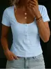 Ropa de mujer nueva de verano transfronteriza europea y americana 2026, top corto de camiseta de color liso con cuello cuadrado de medio botón, ajuste ceñido, estilo 'hot girl'