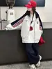 Sudadera cárdigan de niña estilo americano, bloques de color a rayas, cuello alto, suelta, casual, chaqueta deportiva para pareja para primavera y otoño, moderna
