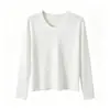 Camiseta Blanca Pura de Algodón Acanalado con Cuello Redondo en U para Mujer Manga Larga Verano 2026 Nueva Camiseta de Algodón Puro Ajustada