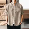 Nova Camisa Masculina de Linho de Alta Qualidade Estilo Chinês Novo Textura Enrugada Masculina Verão Fina Tendência Marca Gola Alta Casual para o Trabalho Manga Curta Masculina