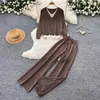 Conjunto de dos piezas para mujer, top de punto con cuello en V, patchwork, manga larga, estilo commuter, pantalones de pierna ancha ajustados, atuendo casual y elegante para otoño