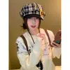 Chapéu Beret Cartoon Retro Fofo de Urso com Óculos e Chapéu Octogonal para Mulheres Outono e Inverno Xadrez Moda Versátil Artístico