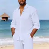 Nova Camisa de Linho Masculina de Manga Longa, Camisa Casual de Praia com Caimento Solto e Colarinho, Camisa Lisa de Manga Longa