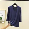 Camiseta Fina de Modal para Mujer Talla Grande Primavera y Otoño Holgada y Versátil Cuello Semi-Circular Mangas de 3/4 Color Sólido Ropa Interior Se Puede Usar por Fuera