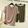 Algodão Modal Primavera Verão Solto Manga Curta Calça de Cinco Pontos Pijama Feminino Estilo Fino Pode Ser Usado Fora de Casa Conjunto de Roupas