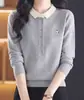 Camisa de Malha com Gola Peter Pan para Mulheres, Novo Estilo de Outono, Top Elegante e Moderno com Lapela Interna, Estilo Suéter de Mãe