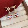 Pendientes de Cobre con Goteo de Aceite Estilo Chino Nuevo, Danza del León, Aguja de Plata, Pendientes Ligeros de Lujo de Gama Alta, Pendientes Versátiles Vintage para Mujer
