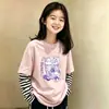 Camiseta de manga larga de dibujos animados para niñas, look de dos piezas de otoño, nuevo modelo 2026, camiseta base de algodón puro para niños mayores