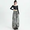 Calça jeans feminina estilo retro americano com estampa de estrelas, estilo deserto, cintura alta, modelagem solta, emagrecimento, calça longa wide leg camuflada, calça comprida até o chão