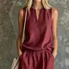 Nuevo traje casual holgado de moda europea y americana, top sin mangas de cuello en V y shorts, conjunto casual de dos piezas para mujer
