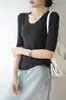 Top de punto para mujer de manga corta con cuello en U, 60 hilos finos 100% lana Basolan, color huevo de ganso, 26 otoño/invierno, capa base adelgazante de manga corta