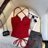 Camisola de lunares estilo francés con ondas para mujer, de verano, con almohadilla en el pecho, sexy, sin espalda, corta, con tirantes
