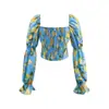 Blusa Corta Floral Nueva Primavera Cuello Cuadrado Mangas Abullonadas Hombros Descubiertos Dulce Top para Mujer